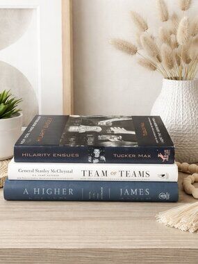 Neutral Coffee Table Book Stack Decor | White Blue Coastal Modern Shelf Styling